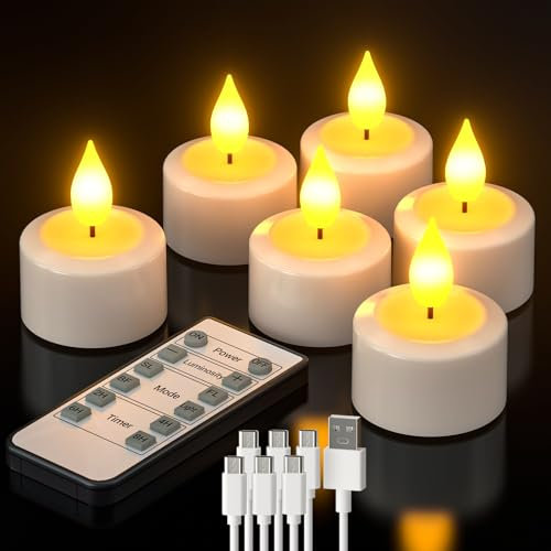 PChero 6er Set LED Teelichter Wiederaufladbar mit Timer, LED Kerzen Aufladbar Flammenlose Flackernd Dimmbar mit Fernbedienung & USB-C Ladekabel für Zuhause Zimmer Halloween Weihnachten Party Deko