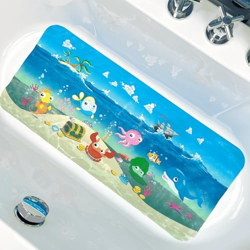 ShineCozy Rutschfeste Badewannenmatte mit Cartoon-Motiv, 90 x 40 cm, XL, große Größe, rutschfeste Duschmatten für Bodenwannenmatten (Ozeanschiffe)