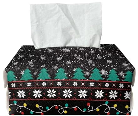 NETILGEN Taschentuchbox mit Metallschnalle, PU-Leder, rechteckiger Kosmetiktuchspender für Schlafzimmer, Küche, Badezimmer, Büro, Weihnachtsbaum, Schnee, Schwarz