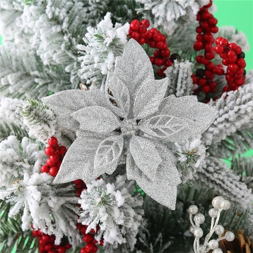 Martin Kench 12 Stück Glitter Weihnachtsstern Blume Künstliche Poinsettia Weihnachten Blumen Weihnachtsbaumschmuck Ornament Christbaumanhänger Weihnachten Dekor (Silber)