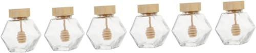 Frascos de mermelada, botellas de vidrio, 6 piezas Botella de vidrio de miel hexagonal Tapa de madera Frasco hermético mini frascos de miel con cucharón tarro de miel transparente dispensador de jarab