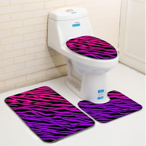 Badezimmerteppich Set 3 Teilig Lila Streifen Badematten Set Mikrofaser Badteppiche und WC Vorleger mit Ausschnitt Waschbar rutschfeste Badvorleger Toilette Teppich