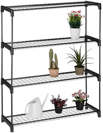 Relaxdays Scaffale Porta Piante, 4 Ripiani Portapiante in Vaso, Fiori e Erbe, Acciaio e Plastica, HLP 106x91x28 cm, Nero, 106 x 91 x 28 cm