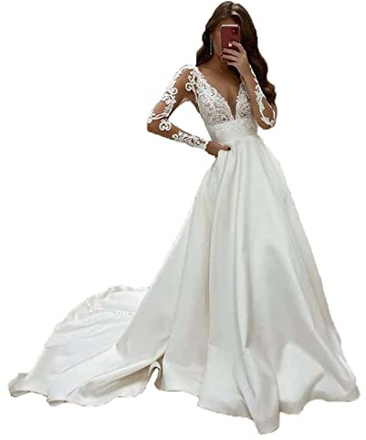 WZEFEIO Robe de Mariée Vintage, Appliques Dentelle Robe de Mariée à Manches Longues Robe de Mariée Sirène Demoiselle d'honneur, Blanc, 10