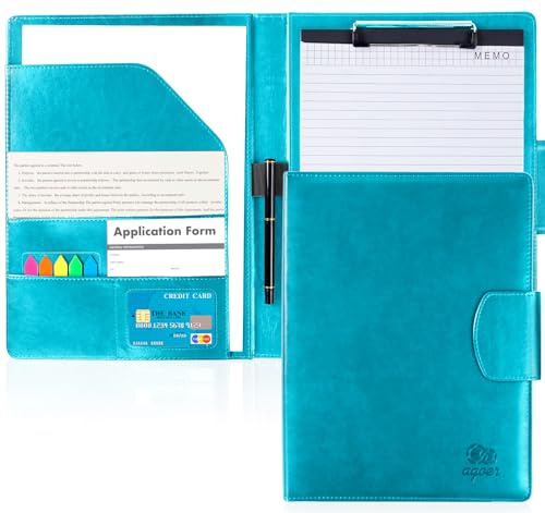 Agoer A4 Conference Folders,Faux Leather Clipboard Folder with Magnetic Closure Cover,Business Folder Foldover with A4 Paper,Sticky Arrow Tabs,Pen,Writing Pad Organizer Clip Board for Work,Turquiose