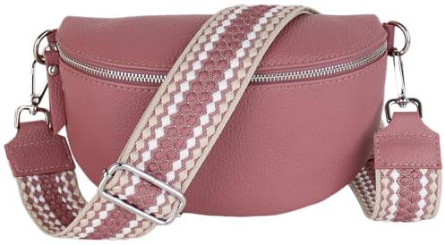 MIRROSI® Bauchtasche Damen, Echtleder, Made in Italy, Umhängetasche, Brusttasche, Crossbody Bag (1 Tasche & 2 Gurte) (Altrosa (Pünktchen), Große Tasche (28x18x9cm))