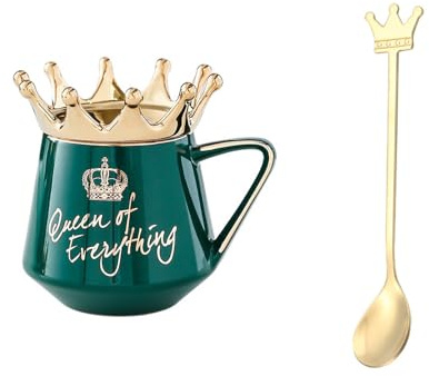 Xfeyaqlo Tasse Couronne 300ml avec Couvercle et Cuillère, The Tasse Originale Original Mug Femme Tasse a Cafe Ceramique, Les Belles Tasses Sont un Excellent Choix de Cadeau (Vert émeraude)