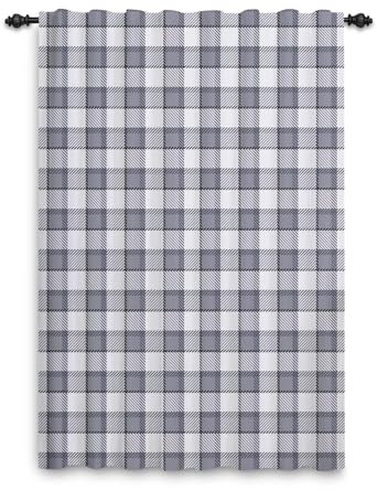 ggaimwf Plaid Curtains Pencil Pleat Grey White Check Curtain for Living Room Gingham Rustic Farmhouse Curtain Back Tab Bedroom Cafe Kitchen Window Decor Nursery Rod Pocket 107x160cm 1 Panel