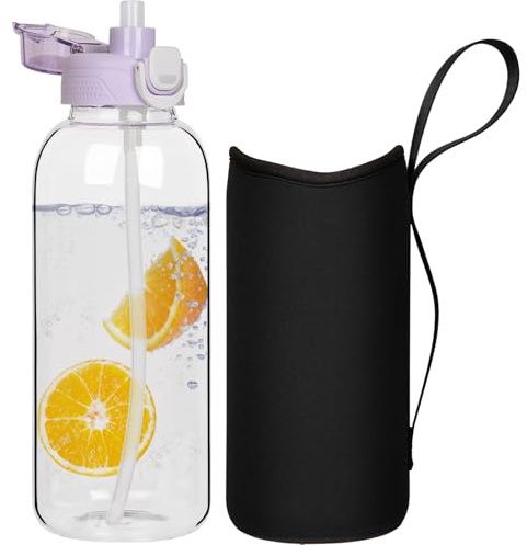 DEARRAY 2 liter Trinkflasche Glas Flasche mit Strohhalm 2l Glasflasche mit Schutzhülle, Auslaufsicher BPA frei Große Wasserflasche für Sport, Smoothie, Früchte Kohlensäure geeignet