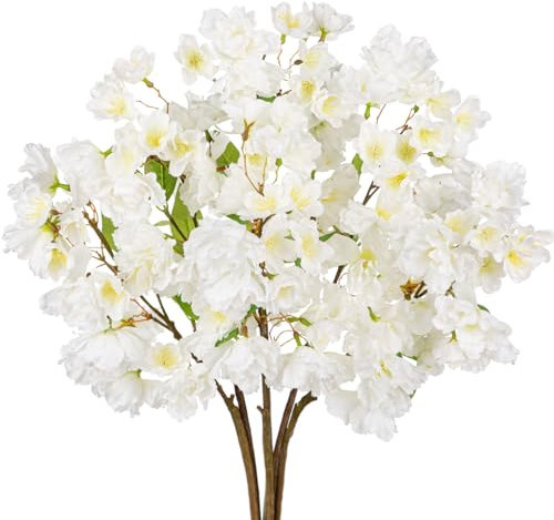 Hollyone 6PCS Künstliche Blume Weiß Künstliche Kirschblütenzweige 47cm, Frühlingsblumen Deko Blumen für Vase Frühling Sakura Seidenblumen Pfirsich Bouquet für Blumengesteck Tisch Home Dekoration