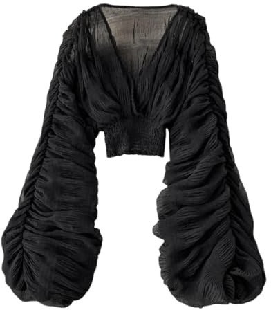 Women Lace Tops Long Sleeve V Neck Casual Blouse Sexy Ruffle Long Sleeve Flare Tunic Tops Fashion Chiffon Tops, O Black., One Size