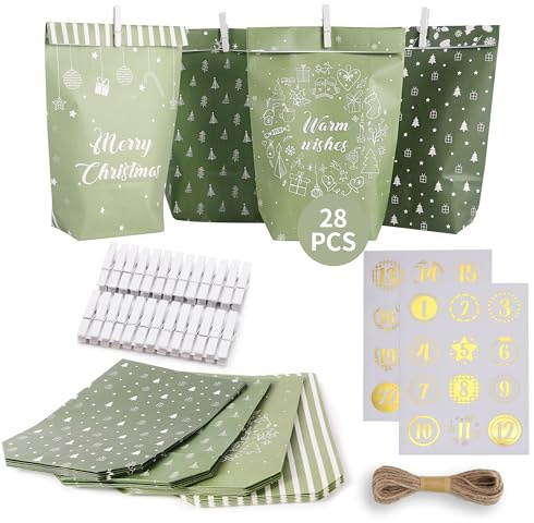 Adventskalender Tüten zum Befüllen – 28 Papiertüten mit Zahlenstickern, Holzklammern und Juteband, DIY Adventskalender Set für Weihnachten