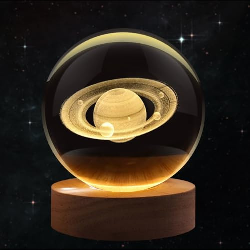 Flexzion Luz nocturna de bola de cristal Saturno 3D – Lámpara de vidrio holograma de luz LED con base de madera maciza, lámpara de bola de cristal alimentada por USB con brillo ajustable para