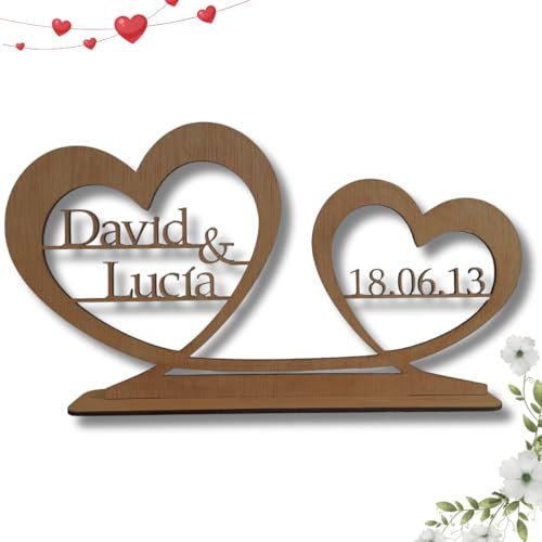 Amaisso® Regalo Aniversario Pareja Personalizado con Nombres y Fecha en Madera - Regalos Originales para Bodas, Novios, San Valentin, Enamorados - Diseño Artesanal Ideal para Decoracion del Hogar