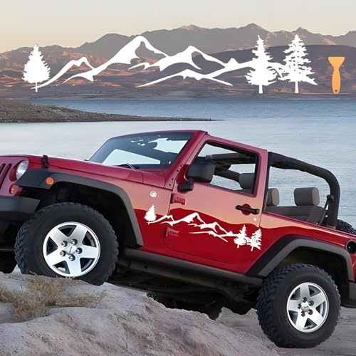 Berg Kompass Autoaufkleber, Wasserdichte Vinyl Auto Aufkleber, Universal Kompass Grafik Sticker Auto Seitentür Karosserie Motorhaube Aufkleber Dekor für SUV Off-Road Wohnmobil LKW (Baum Berg -Weiß)