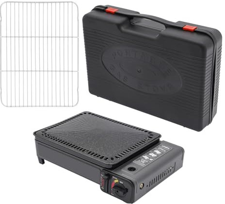 ACROSSPART Tragbarer Camping Gasgrill, Gasgrill Klein mit Grillnetz und Koffer, Tischgrill Gas mit Überdruckschutzvorrichtung und Piezo-Zündvorrichtung für Camping, Reisen, Trekking