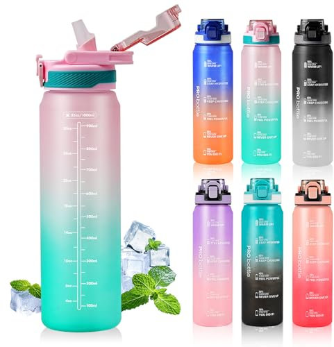 SEASEVEN Sports 1L Water Bottle with Straw,Plastic Drinks Bottle,1 Litre Water Bottles with Time Markings,Waterbottle Leak Proof-Bpa-Free for Gym,School, Office,Travel (Pink-Green)