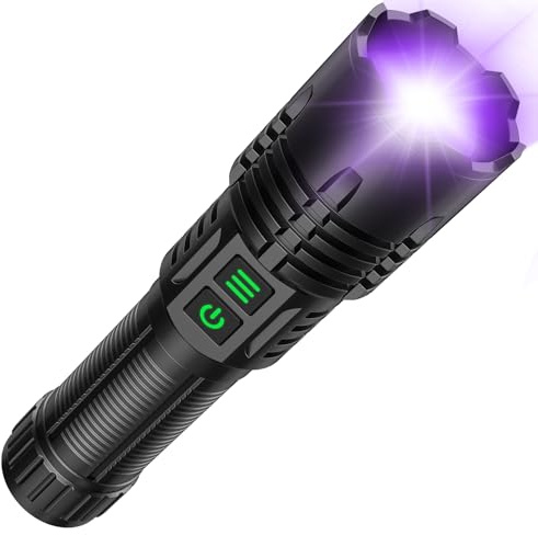 AdamStar UV&High Lumens Flashlight Rechargeable, 2-in-1 Powerful Blacklight LED Flashlight Tactical 6 Modes Super Bright Waterproof Zoomable Detector for Pet Urine Curing Resin Camping