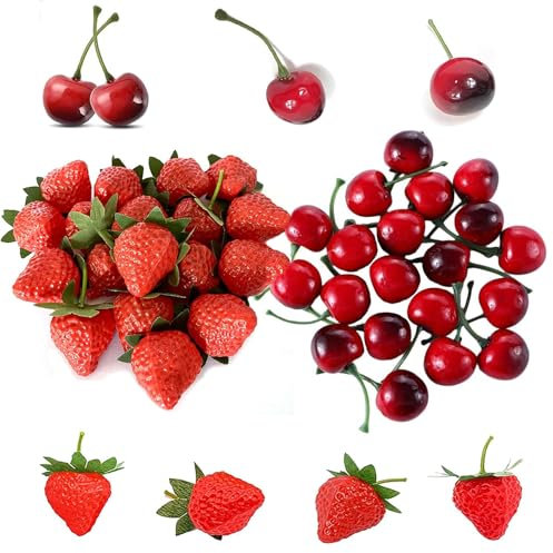 JINJUMEI 40 Stück Künstliche Kunststoff Erdbeere, künstliche Kirschen, Deko Obst Lebensecht, Künstliche Früchte Erdbeer Dekor für Kuchendekoration, Basteln, Fotografie Requisiten