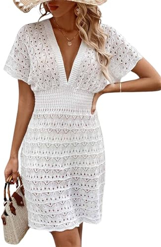 Eleganzeit Damen Strandkleid V-Ausschnitt Sommer Bikini Cover Up Beach Sommerkleid Weiß XL