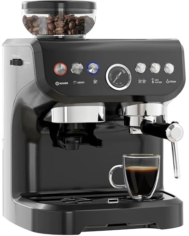 HOMCOM Máquina de café espresso 1600W con molino de granos, boquilla de vapor, bomba italiana de 15 bar, 1 o 2 tazas, depósito de agua 2L, cafetera espresso de acero inoxidable, negro