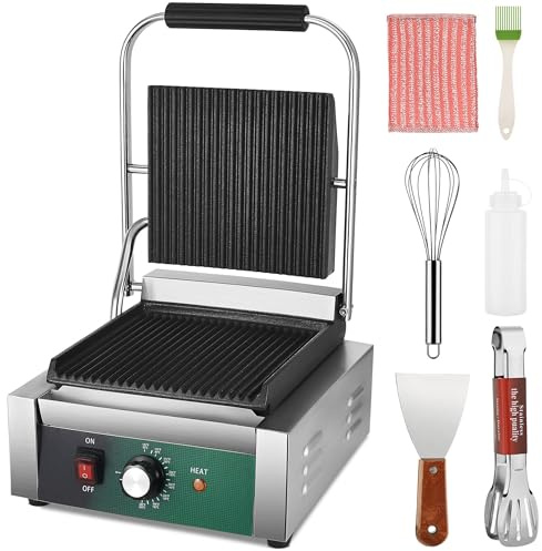 Commercial Panini Press, 2200W Panini Grill Press Sandwich Maker with Non-Stick Grooved Plates and Adjustable Temperature Control, Double-sided Heating Electric Griddle