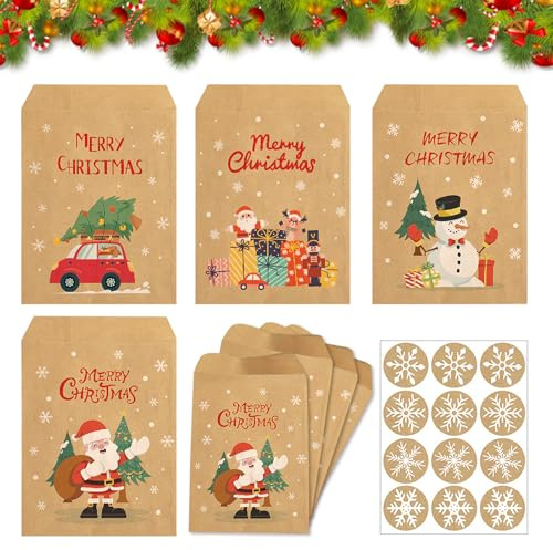 CUVZORA 24 Stück Papiertüten Weihnachten, 12,6x15,5cm Geschenktüten Kraftpapier Tüten, für Süßigkeiten Adventskalender Party Überraschungsbox Weihnachten festliche Dekoration