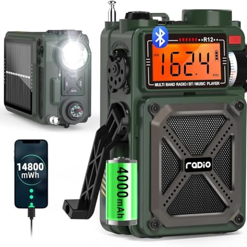 Radio de Emergencia de manivela de 2000 mAh, Radio meteorológica, radios solares Que Funcionan con Pilas, radios de Alerta meteorológica NOAA/Am/FM con Cargador de teléfono (R12)