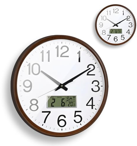 SUNOYA Lautlos Wanduhr Mit Temperaturanzeige, Kalender Und Wochentag, Wanduhr Ohne Tickgeräusche 32cm, Modern Quarzuhr, Digitale Wanduhrs Für Wohnzimmer Schlafzimmer Büro Küche