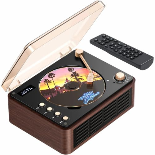 POFOTO Portable CD Player with Bluetooth 5.3, Rechargeable, Bluetooth Speaker, LCD Display, Supports Radio/Sound Presets/USB/AUX, Retro Design, Dual Speakers - for Home & as a Gift (Walnut Brown)