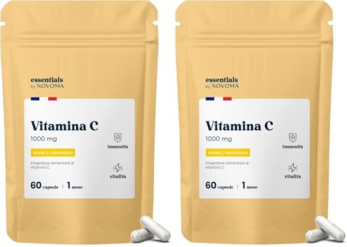 Vitamina C 1000mg, Alto Dosaggio di Vitamina C Pura, 60 Capsule Vegane (1 Mese), Integratore per il Sistema Immunitario & la Stanchezza, 100% Acido Ascorbico, Essentials by Novoma (Confezione da 2)