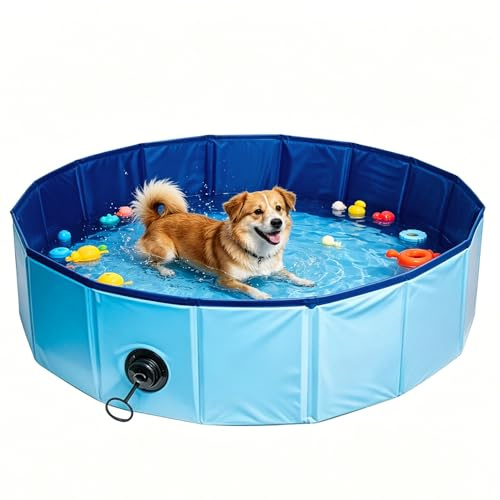 RNPKZ Dog Paddling Pool, Foldable Dog Pool with Drainage Valve, Portable PVC Pet Swimming Pool, Pet Bath Pool, Paddling Pool for Dogs Cat, Garden Patio Bathroom Use (Blue, 80X80X30CM)