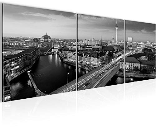Runa Art Bilder Berlin 3 Teilig Bild auf Vlies Leinwand Deko Wohnzimmer Büro 90 x 30 cm Skyline Schwarz Weiss 605134c