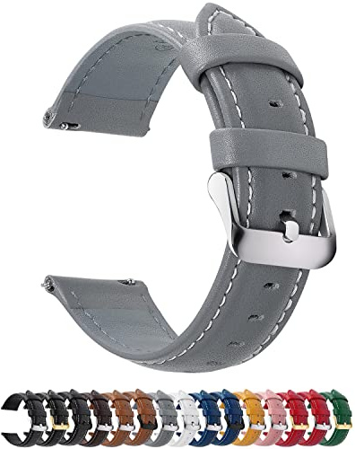 12 Farben Uhrenarmband 20mm Lederarmband für Smartwatch Universal-Uhr | Schnellverschluss Vintage Ersatzrmbänder mit Edelstahl Schließe,für Herren Damen,Grau+silberfarbene Schnalle