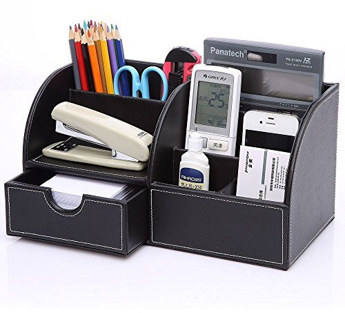 ITODA Stifthalter Kunstleder Stiftbox 6 Fächer Stifteköcher mit Schublade Telefonständer Stiftablage Schreibtisch Büro Organizer Klassisch Multifunktional Schreibtischbox für Stifte Visitenkarte