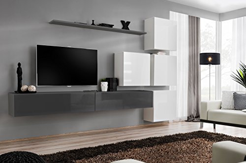 All4All Wohnwand SW 9 - Wohnzimmermöbel - Schrankwand für Wohnzimmer - Wohnzimmerschrank - Anbauwand - Wohnwand Hängend - Modern - Grau+Weiß 21