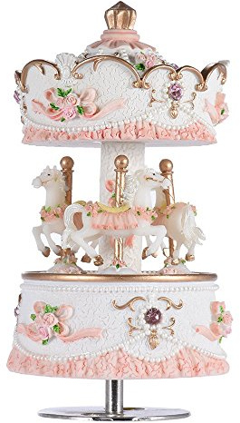 Carousel Music Boxes for Girls 3-Horse Rotating Windup Melody Castle in The Sky Color Change LED Lights Musical Gift for Daughter Birthday Christmas Festival Music Box Artware Pink