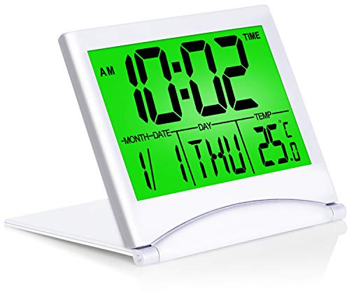 Betus Digital Travel Alarm Clock with Backlight - Foldable Calendar Temperature Timer LCD Clock with Snooze Mode - Large Number Display, Battery Operated - Compact Desk Clock