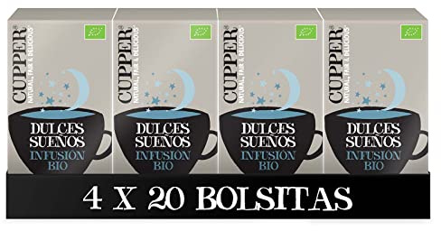 Cupper - Pack de 4 Cajas de 20 Bolsitas de Infusiones Ecológicas Dulces Sueños - Ayuda a Mejorar el Descanso Nocturno - Apto para Consumo Vegano - Contiene Canela y Manzanilla