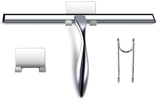 Stainless Steel Bath Squeegee 14 Inch Glass Squeegee Bathroom for Shower Doors, Bathroom, Windows, Kitchen, Mirror and Car Glass with Matching Hooks Holder