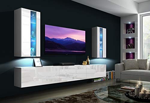 Furnitech Wohnwand Wohnzimmer - Wohnzimmer Möbel mit LED RGB - 16 Farben - Hängend Wohnwand Modern Schrankwand mit Regale und TV Schrank (Luiziana AN20-18W-HG2 1A)