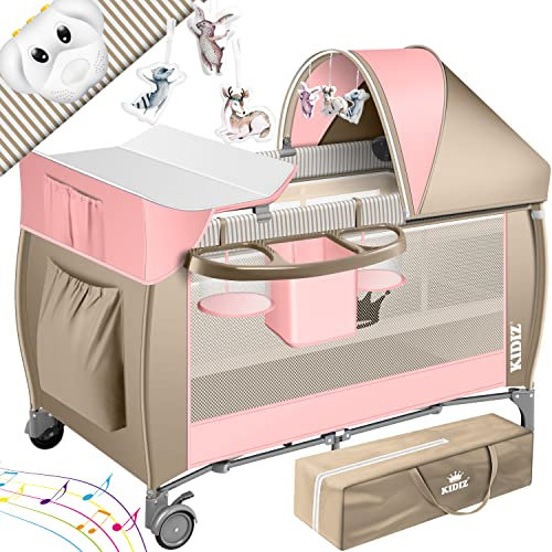 KIDIZ® Lit pour bébé | Lit de Voyage 3 en 1 | Set de lit pour bébé avec Matelas à Langer combiné | avec moustiquaire | Parc pour bébé de la Naissance à 15 kg, Pliable, rosé/Beige