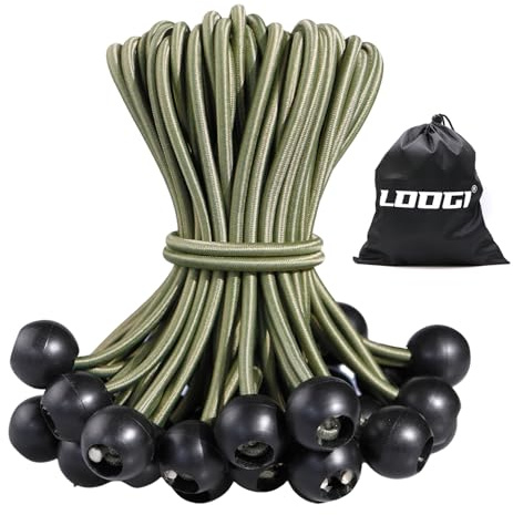 LOOGI Spanngummis mit Kugel 50 Stück Planenspanner mit Kugel 20cm Armeegrün | Gummispanner Zeltgummis Expanderschlingen Gummischlaufen für Planen Zelt Banner