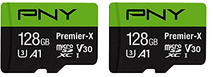 PNY Tarjeta de Memoria Flash microSDXC Premier-X Class 10 U3 V30 de 128 GB, Paquete de 2 Unidades, 100 MB/s, Clase 10, U3, V30, A1, 4K UHD, Full HD, UHS-I, Micro SD