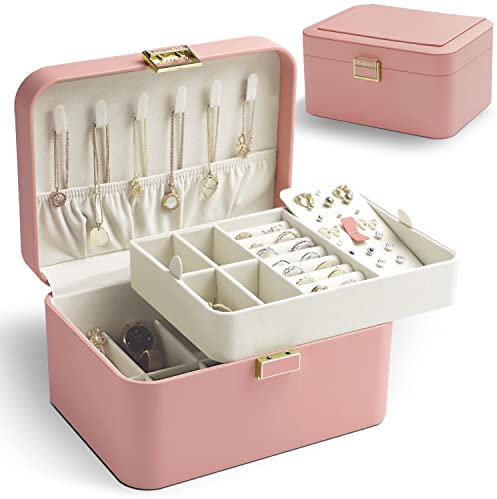 KAMIER Rosa Schmuckkästchen – Luxuriöse 2-stöckige Schmuckschatulle aus hochwertigem Flanell für Damen, ideal für Ringe, Ohrringe, Armbänder & Halsketten