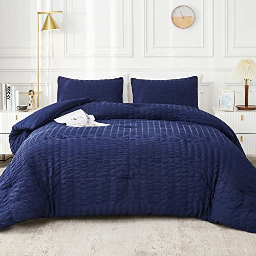 AveLom Seersucker - Set completo con piumino da 203,2 x 228,6 cm, 3 pezzi, 100% morbida microfibra lavata, piumino leggero con 2 federe, set per biancheria da letto, colore: blu navy