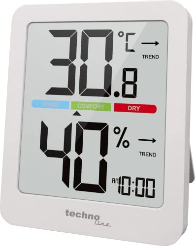 techno line WS 9456 Thermo-Hygrometer mit Uhr | Innenthermometer & Hygrometer | Raumklima-Monitor | Komfortanzeige | Min/Max-Speicher | Trendanzeige | Hintergrundbeleuchtung | Weiß