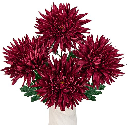 Oairse 4er-Set Kunstblumen Chrysanthemen Dekoration Künstliche Große Spinnenmütter-Blumen für die Heimdekoration, Hochzeit, Haus Garten Party Büro Dekoration Blumenarrangement, Rot