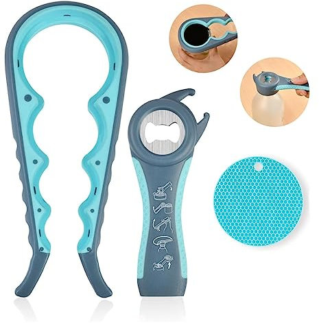 Flaschenöffner für Senioren, Gummi-Glasöffner für Schwache Hände 5-in-1 Glas-Flaschenöffner, 4-in-1 Glasöffner, Multifunktion Flaschenöffner mit rutschfester Deckelöffner