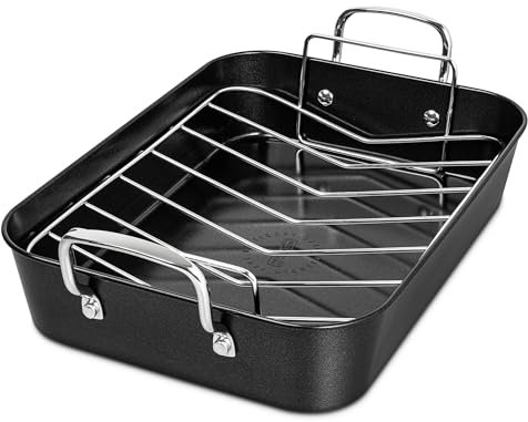 MICHELANGELO Roasting Pan with Rack, Carbon Steel Turkey Roasting Pan for Oven and Induction, Nonstick Turkey Roaster Pan with Stainless Steel Rack, 15 Inch x 11 Inch (38cm x 28cm) Black&Golden